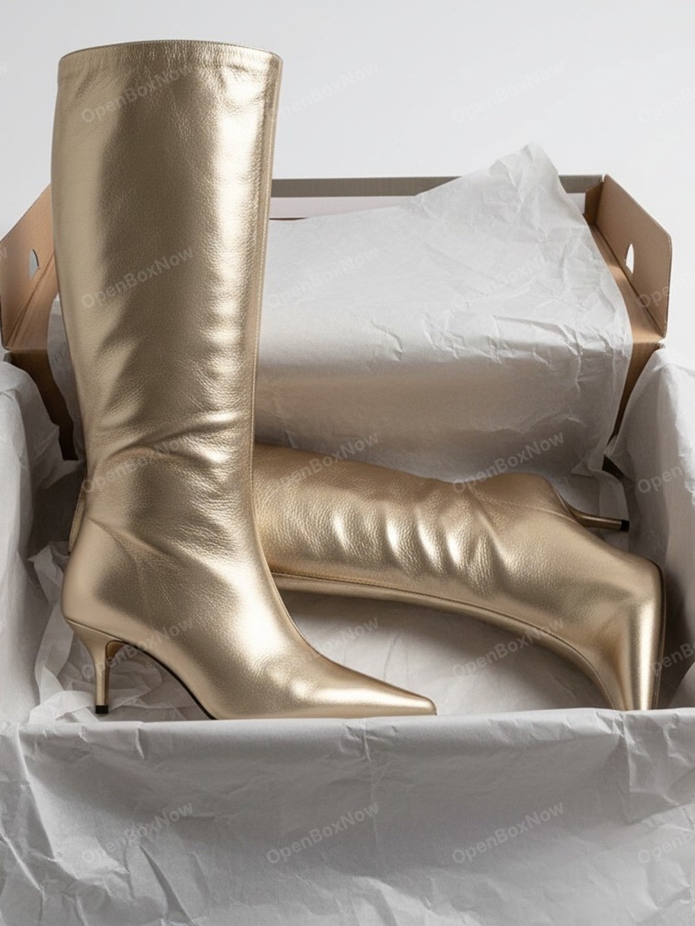 Arezzo Women's Gold Skye Low Stiletto Leather Calf Boots NEW - Picture 2 of 8